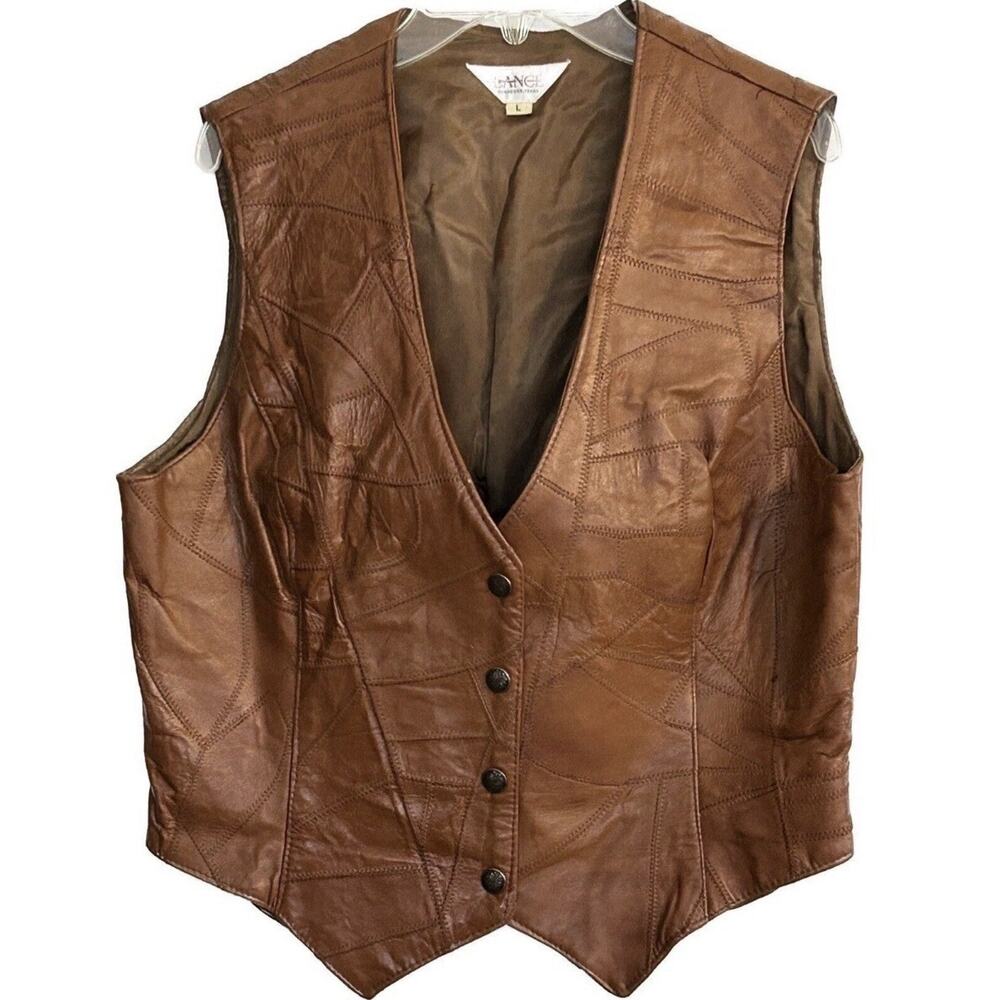 LANCE Western Vest Adult Size L Brown Leather Snap Closure VTG RUNS SMALL